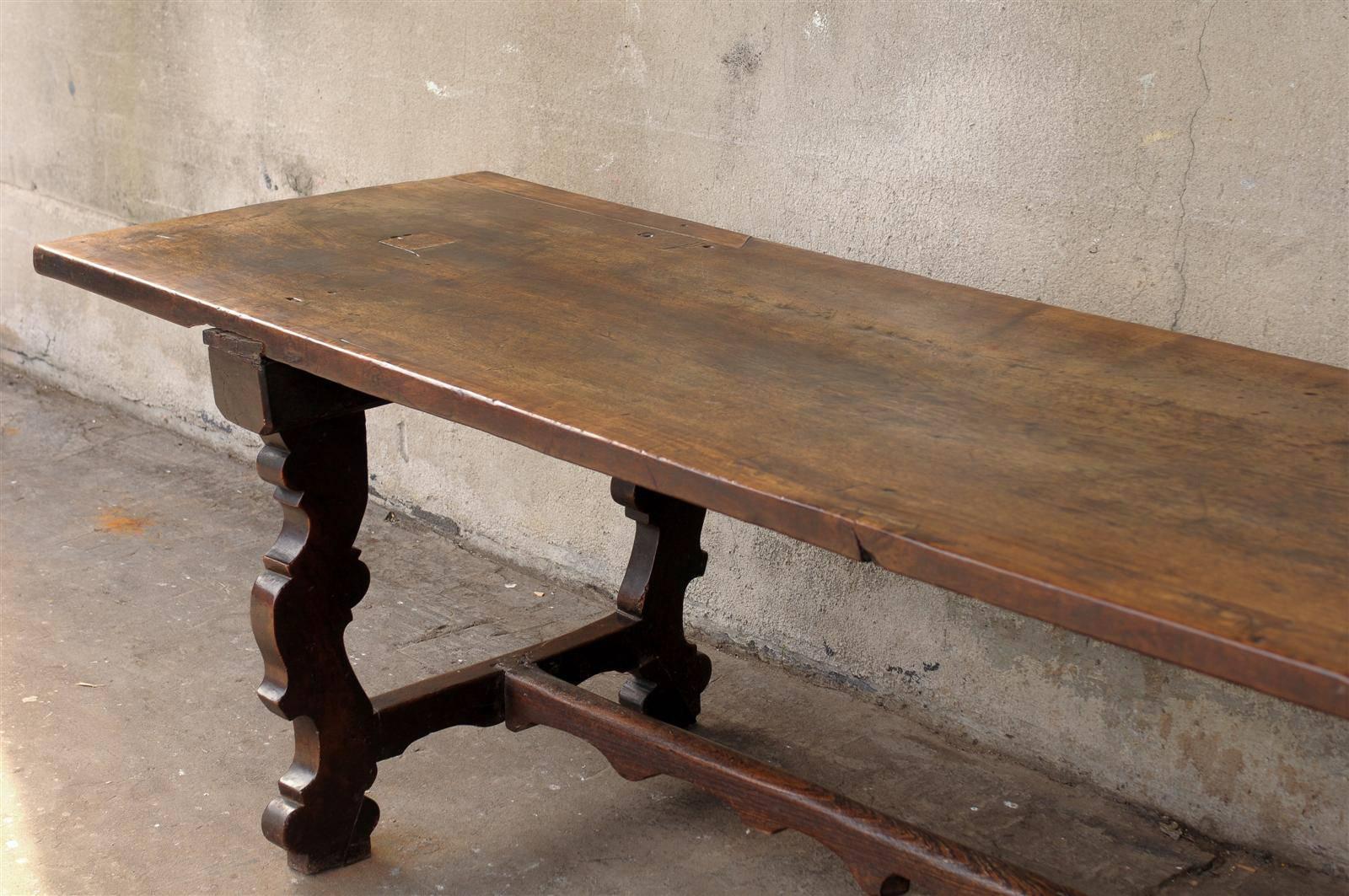 An 18th Century Italian Walnut Dining Table with Carved Trestle Legs & Cross Bar For Sale 3