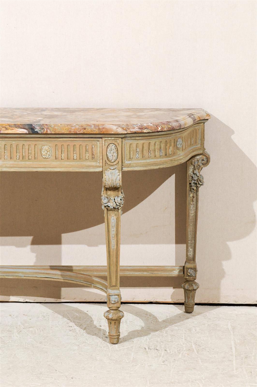 Painted French Early 19th Century Wooden Console Table with Marble Top