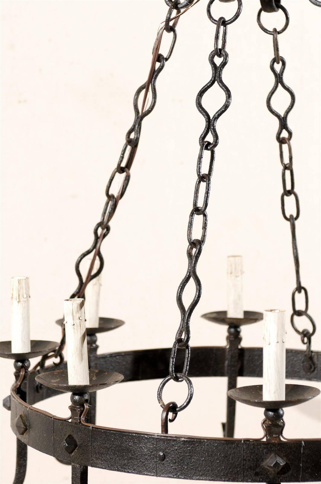 20th Century French Circular Eight-Light Chandelier of Black Forged-Iron, Rewired for US