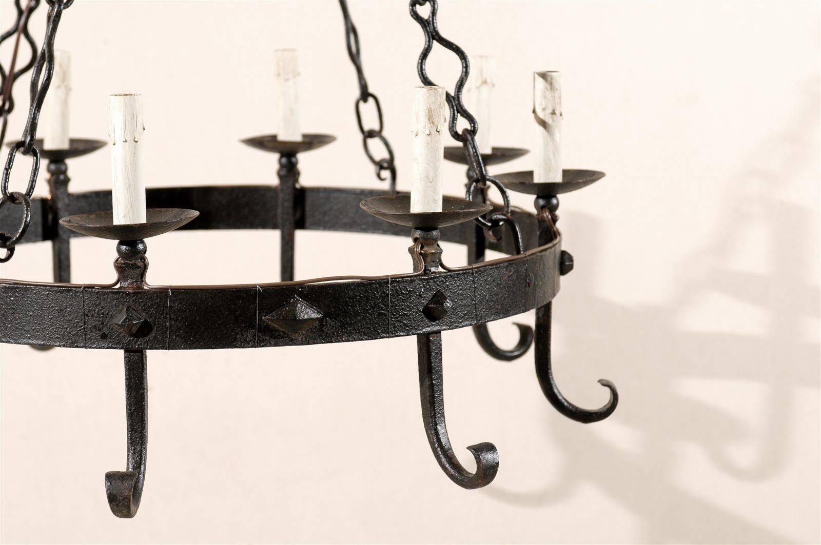 French Circular Eight-Light Chandelier of Black Forged-Iron, Rewired for US 2
