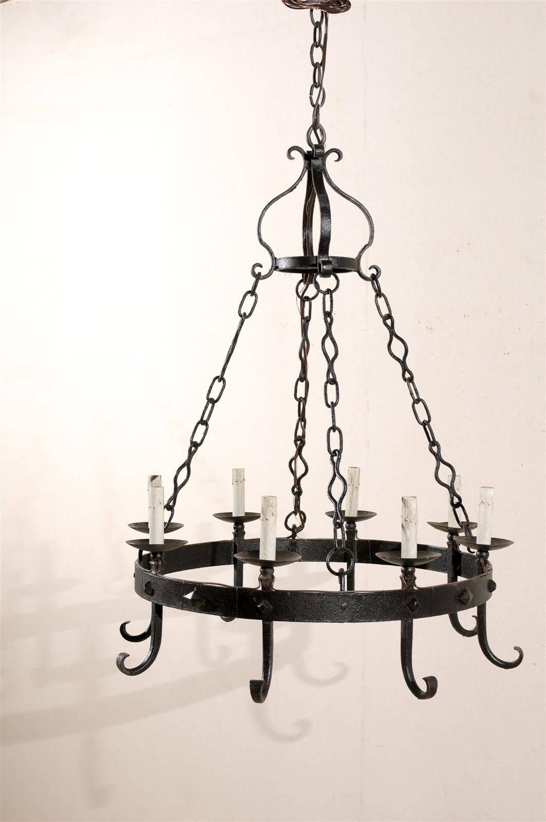 French Circular Eight-Light Chandelier of Black Forged-Iron, Rewired for US 3