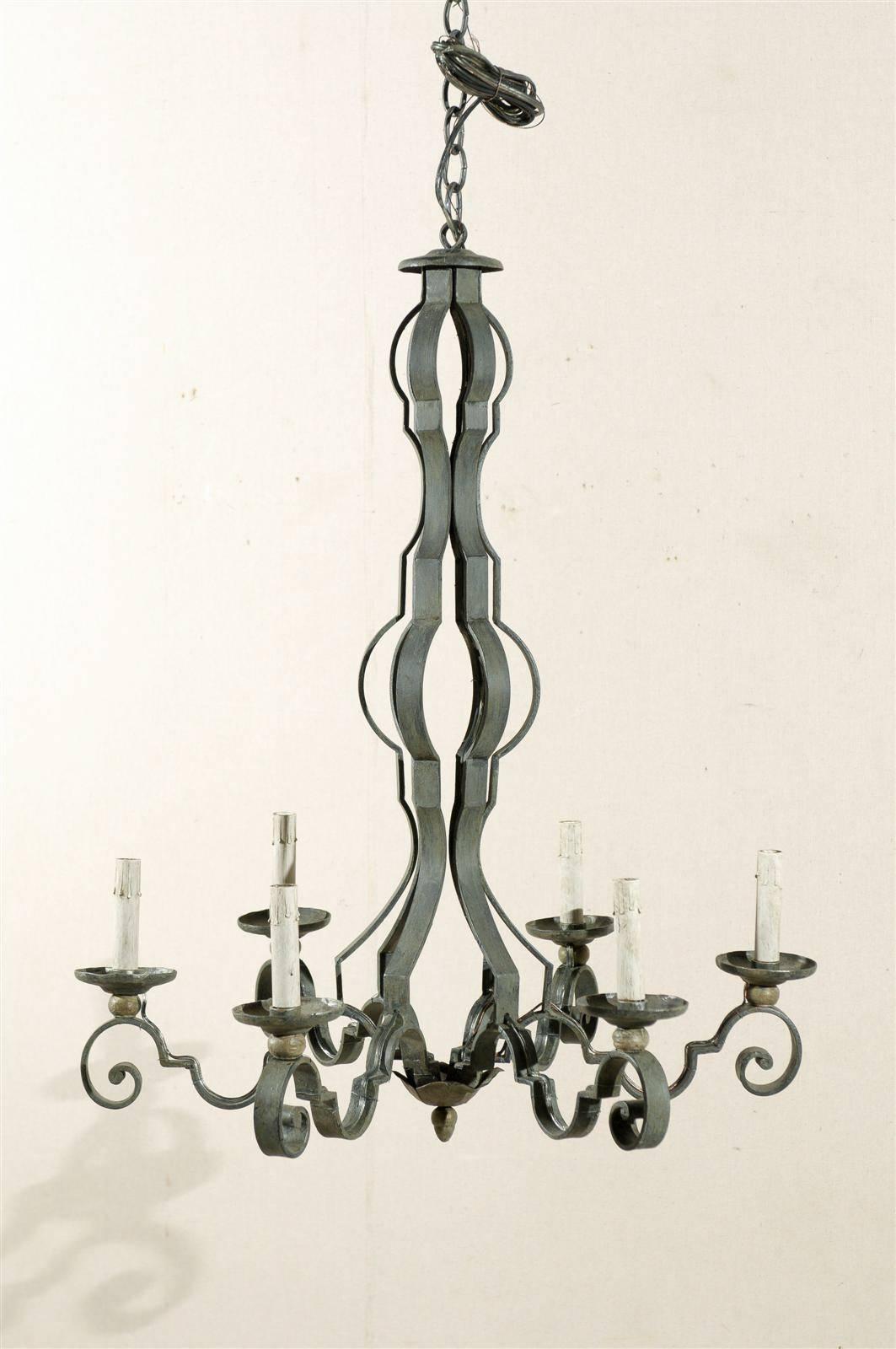 French Painted Iron Column-Style 6 Light Chandelier, Rewired for the US  In Good Condition For Sale In Atlanta, GA