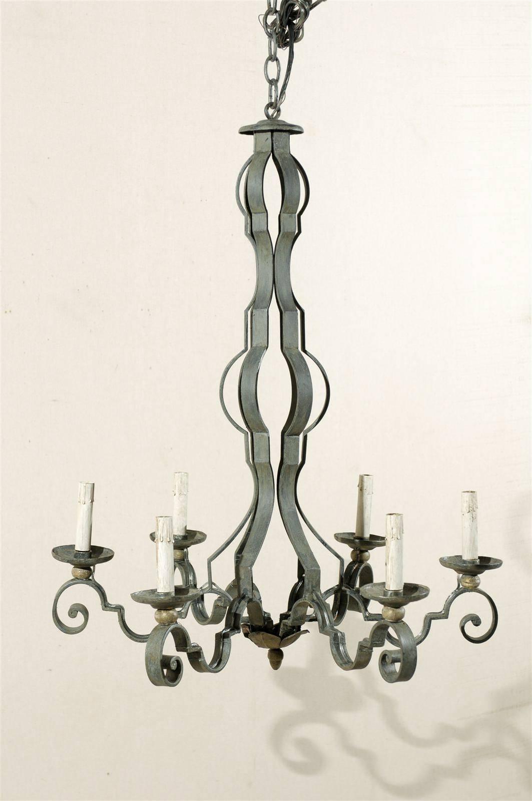 20th Century French Painted Iron Column-Style 6 Light Chandelier, Rewired for the US  For Sale
