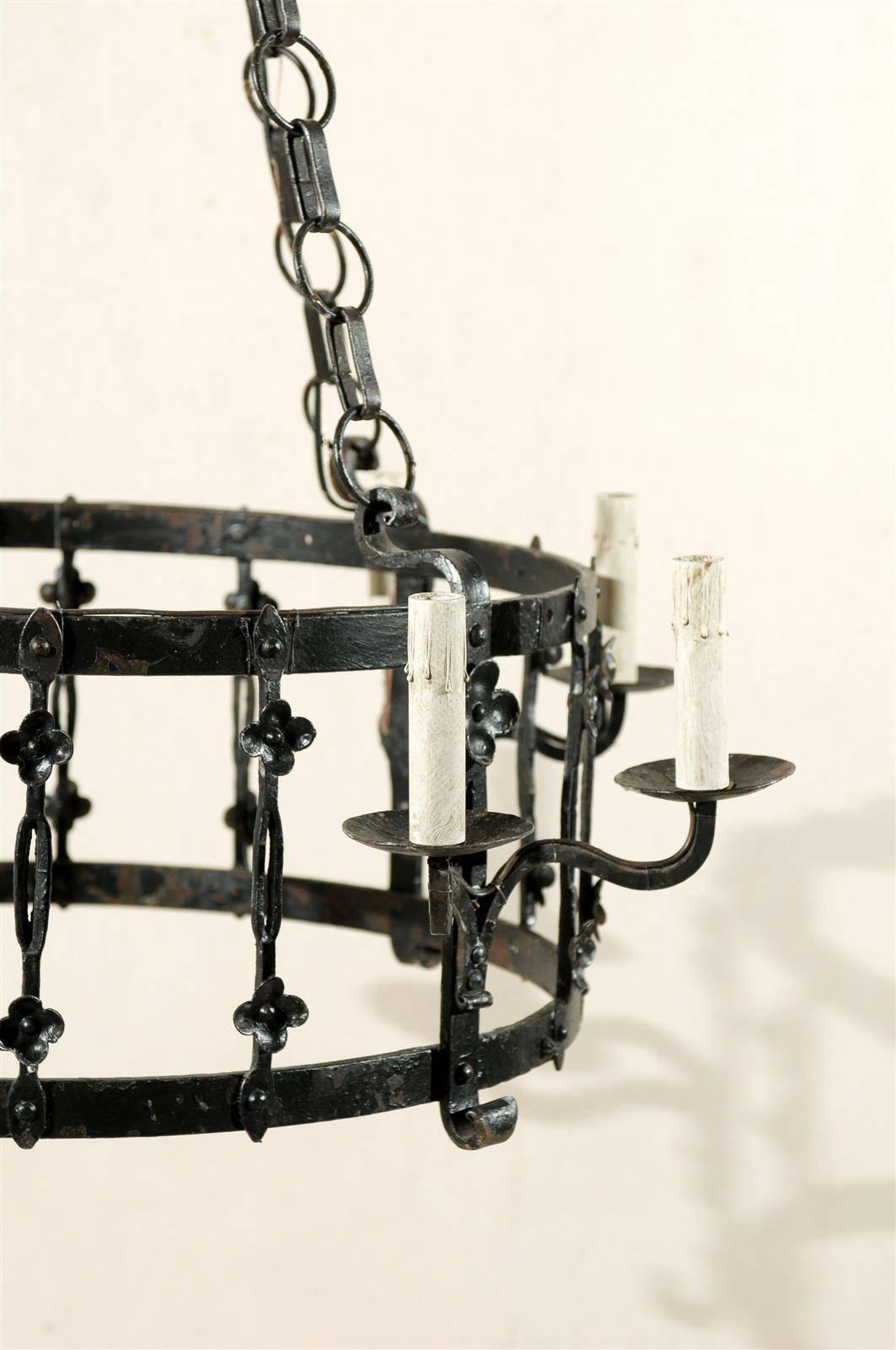 French Vintage Black Iron Eight-Light Chandelier 1
