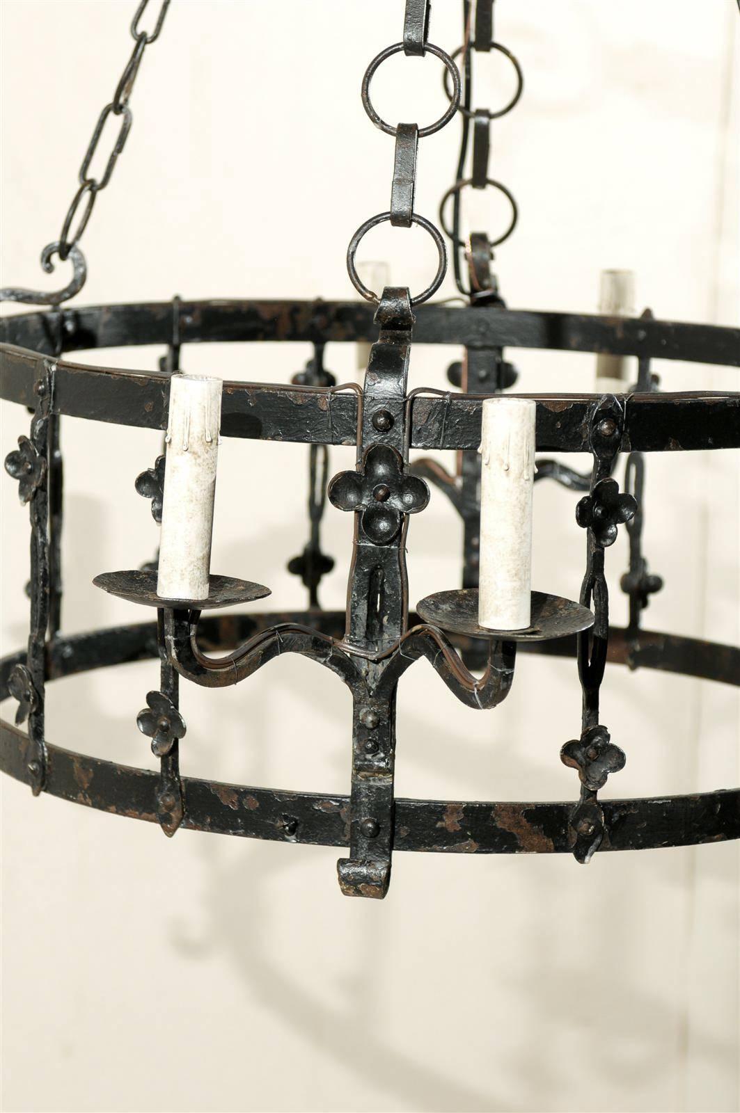French Vintage Black Iron Eight-Light Chandelier 2