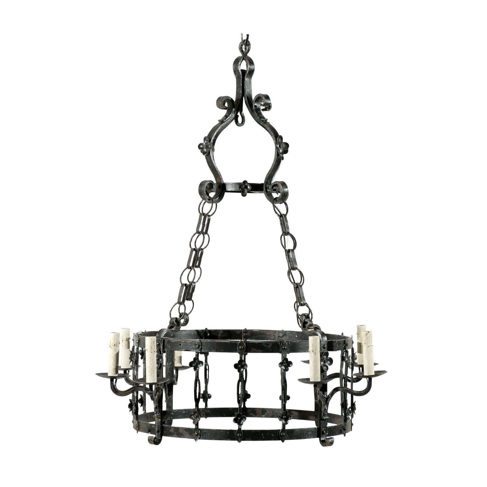 French Vintage Black Iron Eight-Light Chandelier