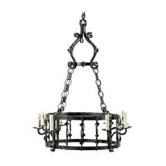 French Vintage Black Iron Eight-Light Chandelier