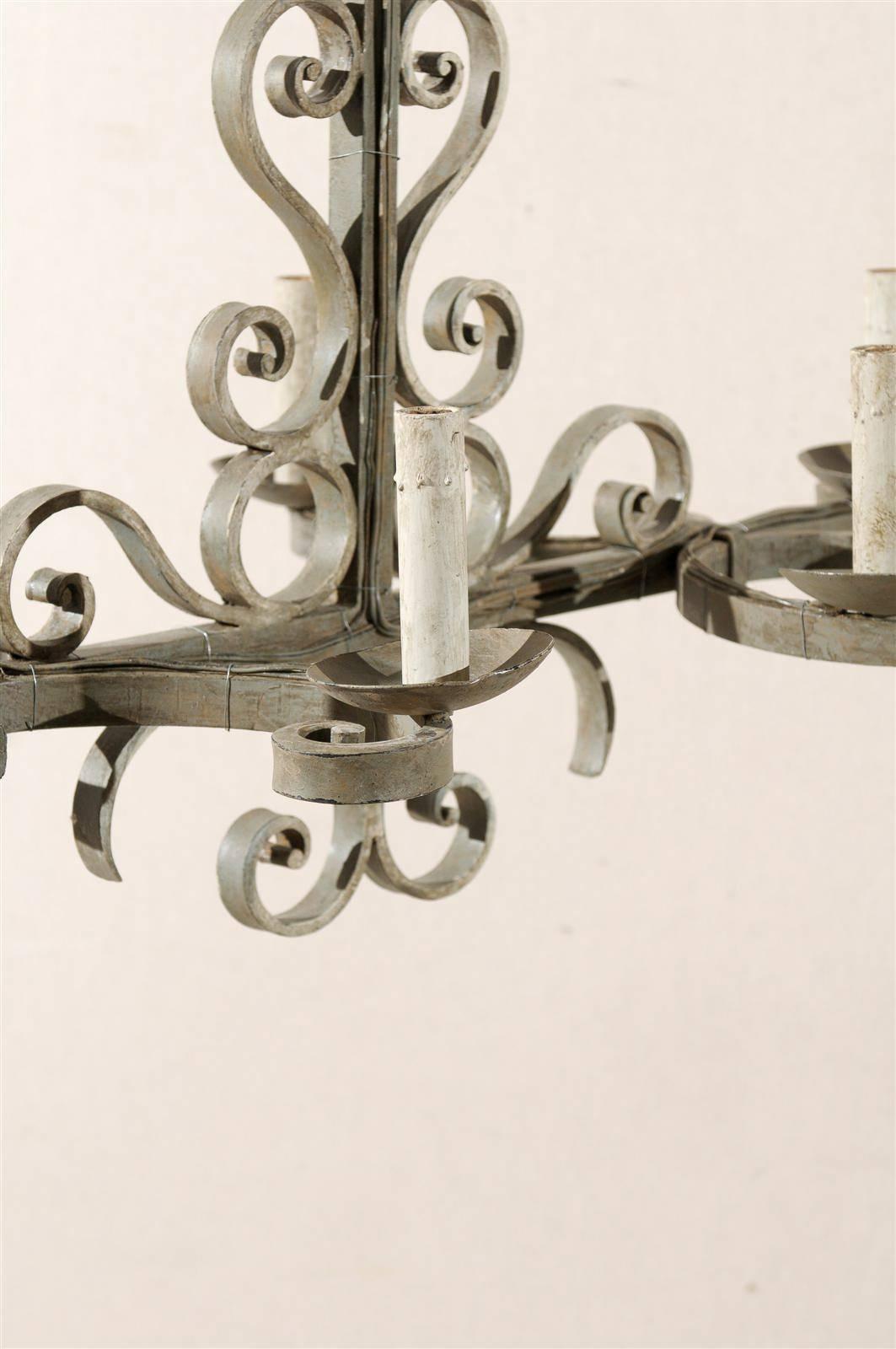 20th Century French Vintage Painted Iron Six-Light Chandelier with S-Scroll Motif