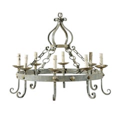 French Vintage Eight-Light Painted Iron Round Chandelier