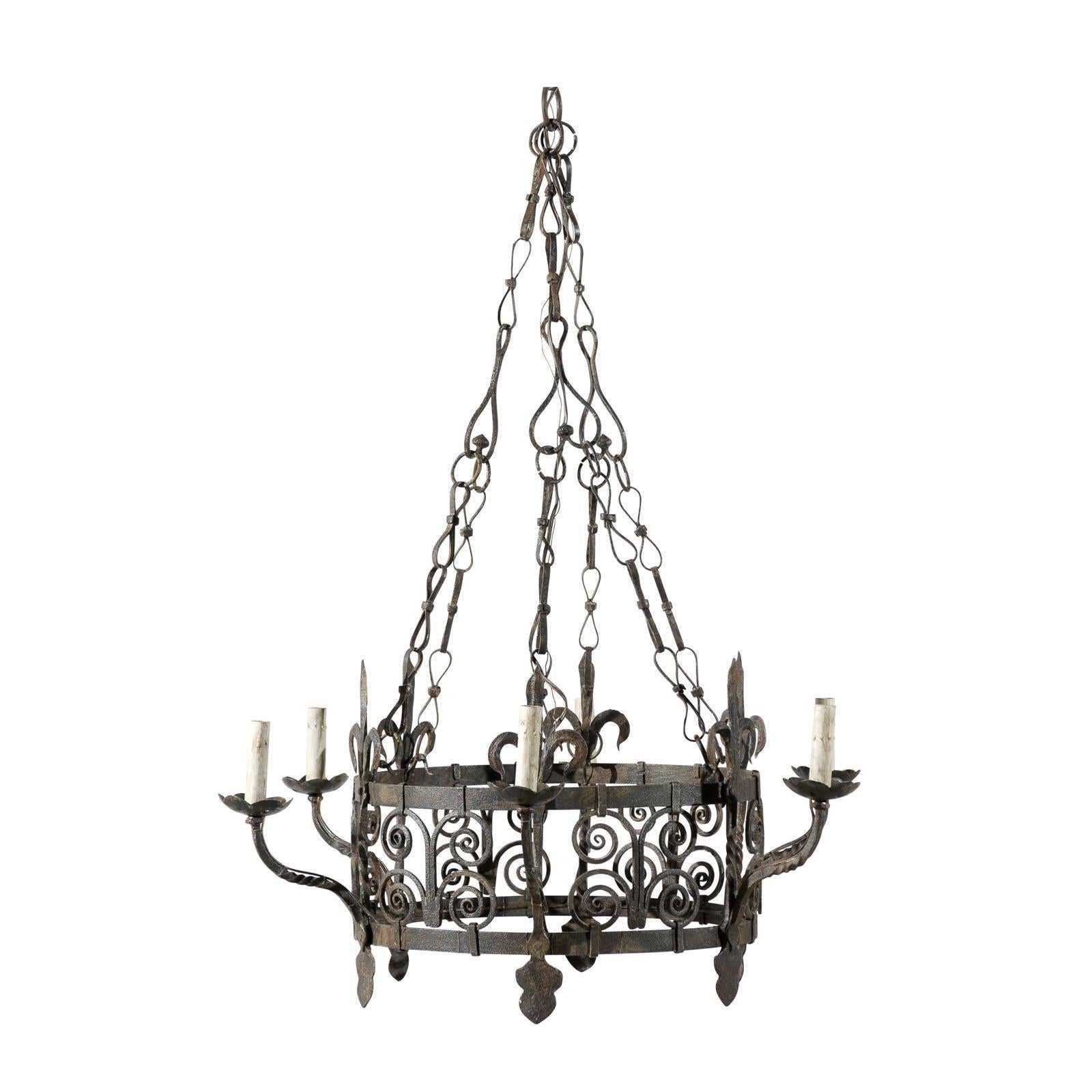 French Vintage Gothic Style Iron Six-Light Chandelier