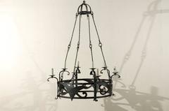 Italian Large-Sized Forged-Iron Suspended Ring Chandelier w/Dome Canopy Top