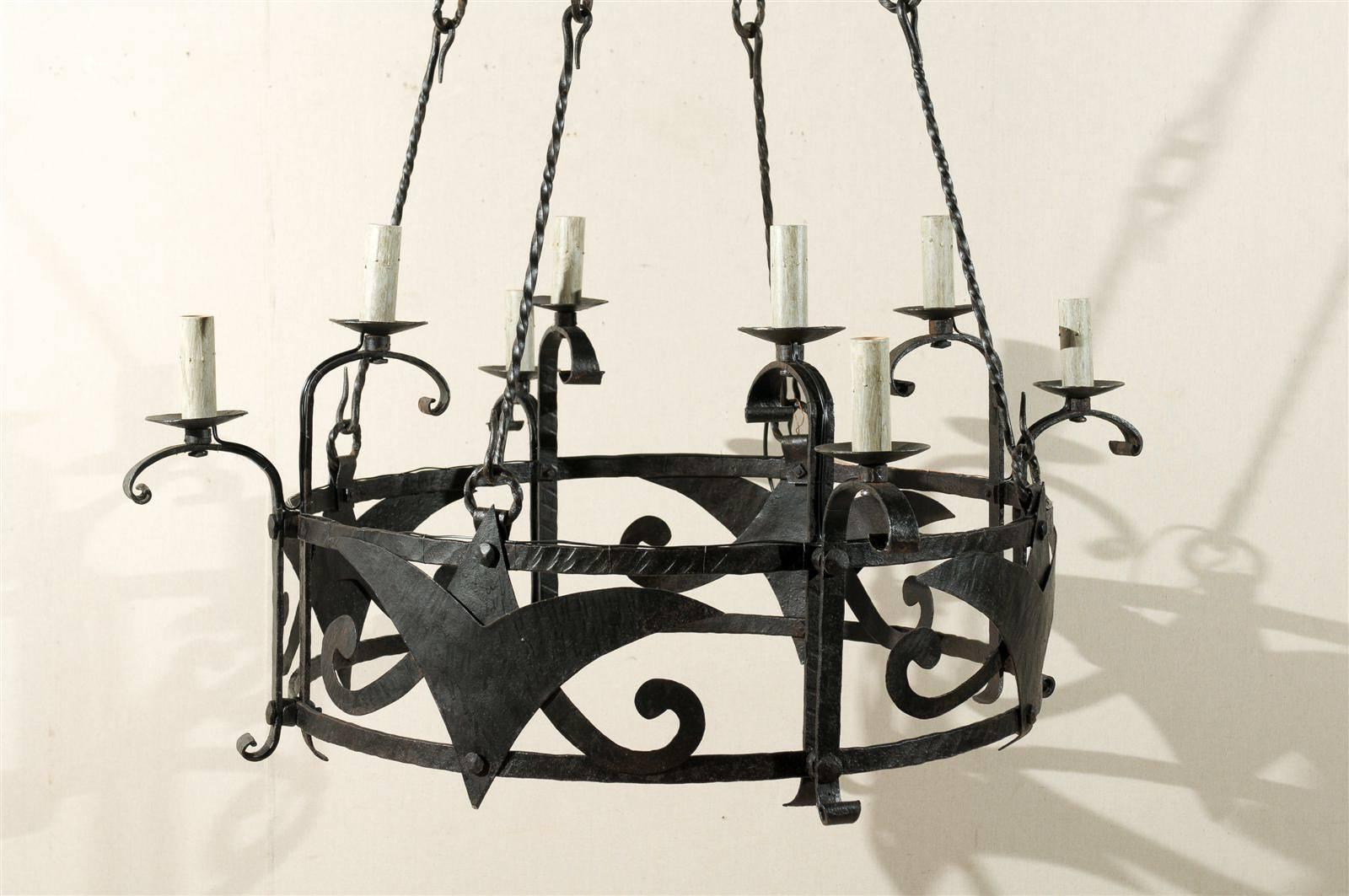 Italian Large-Sized Forged-Iron Suspended Ring Chandelier w/Dome Canopy Top 1
