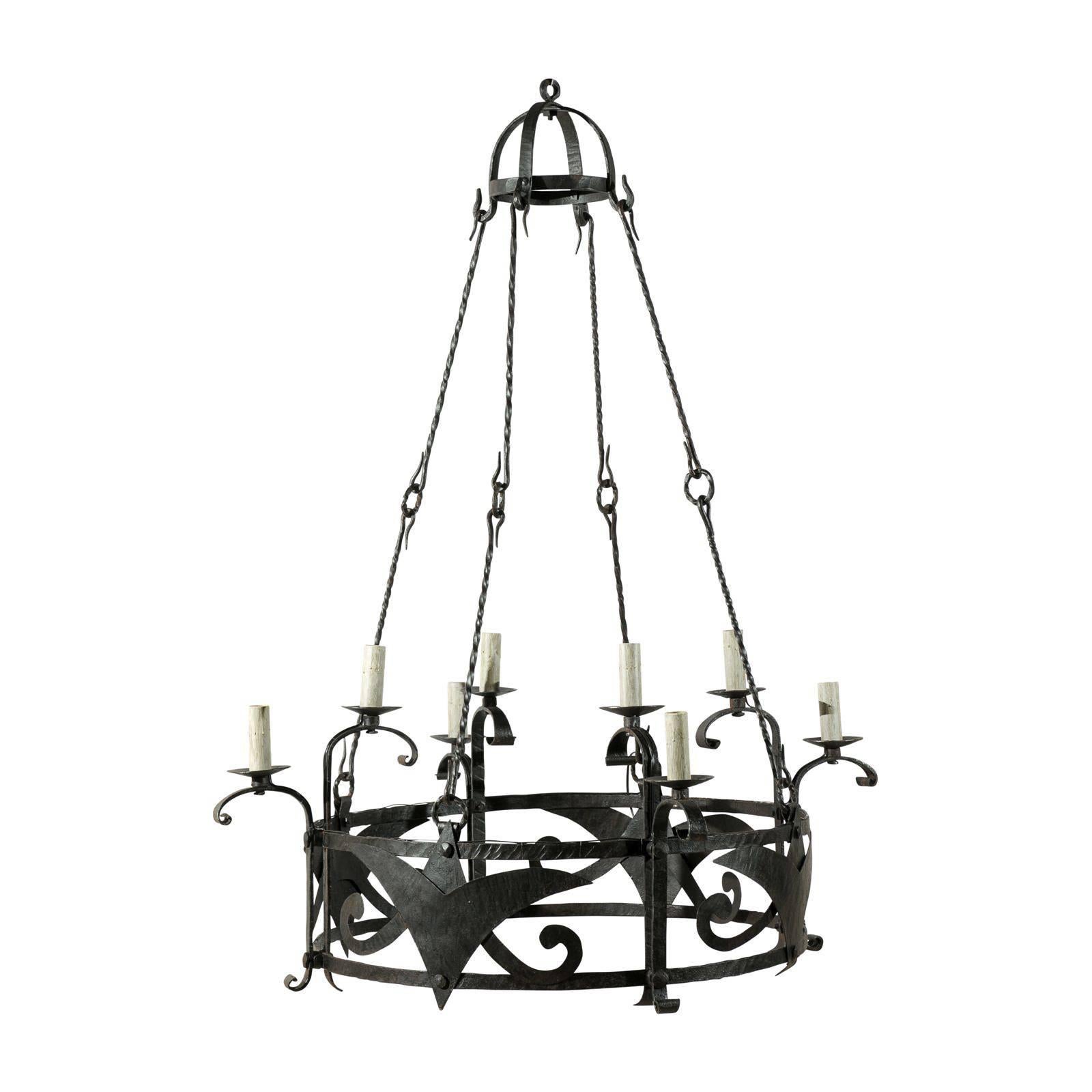 Italian Large-Sized Forged-Iron Suspended Ring Chandelier w/Dome Canopy Top
