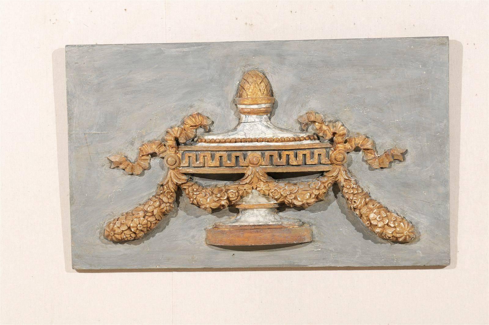 19th Century A Pair of Italian 19th C. Painted Wood Wall Plaques with Carved Urns For Sale