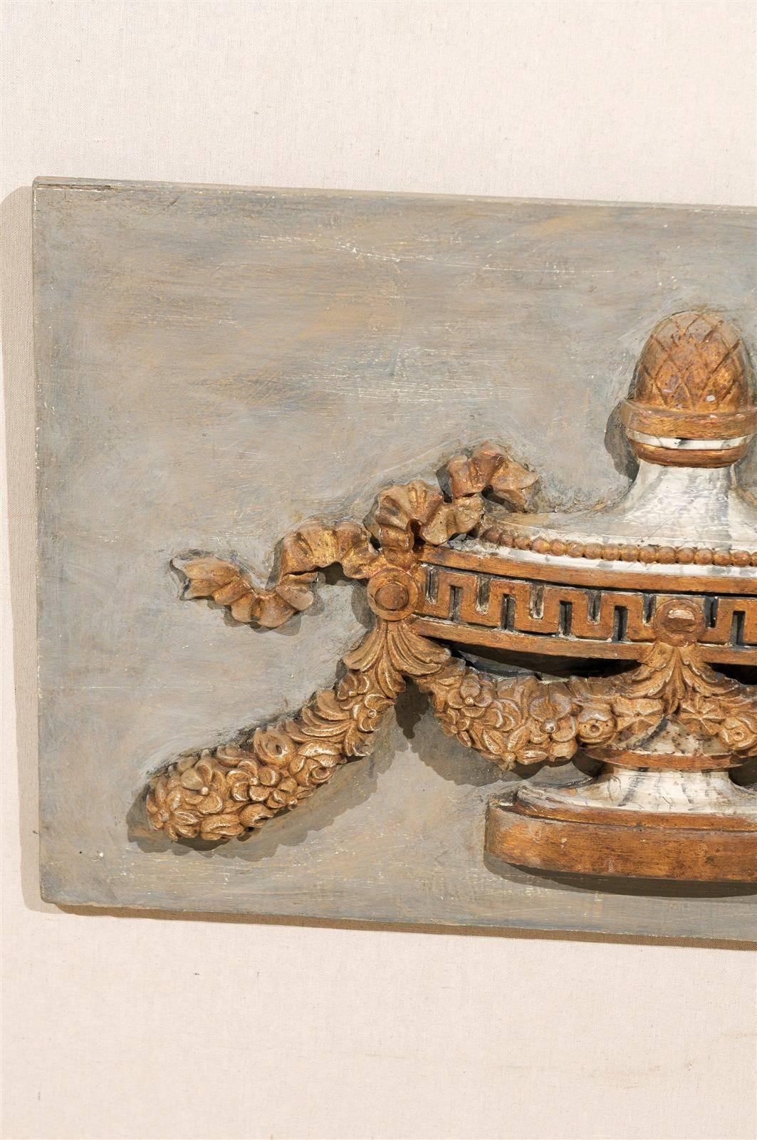 A Pair of Italian 19th C. Painted Wood Wall Plaques with Carved Urns For Sale 4