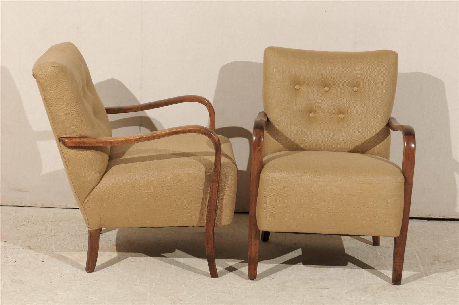 Wood Pair of Swedish Art Deco Upholstered Armchairs