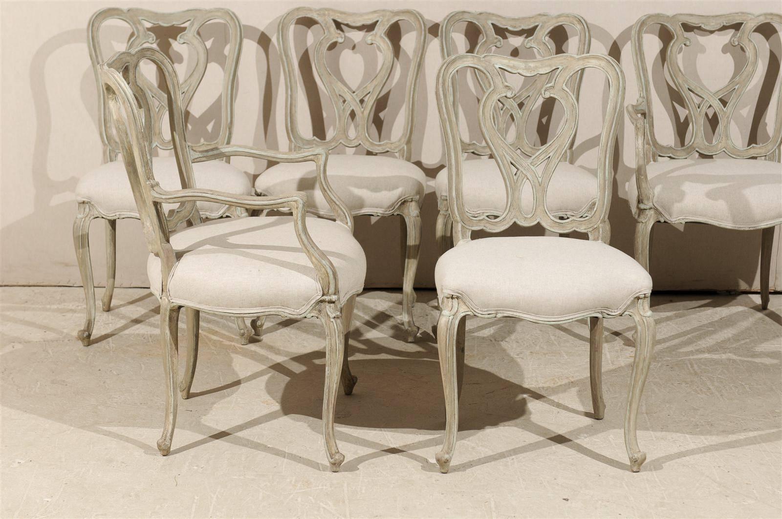 Upholstery Set of Six Venetian Style Painted Wood Dining Room Chairs For Sale