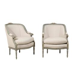 Pair of French Louis XVI Style Painted Wood Barrelback Armchairs