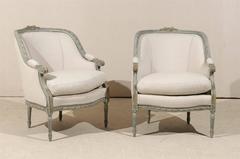 Pair of French Louis XVI Style Painted Wood Barrelback Armchairs