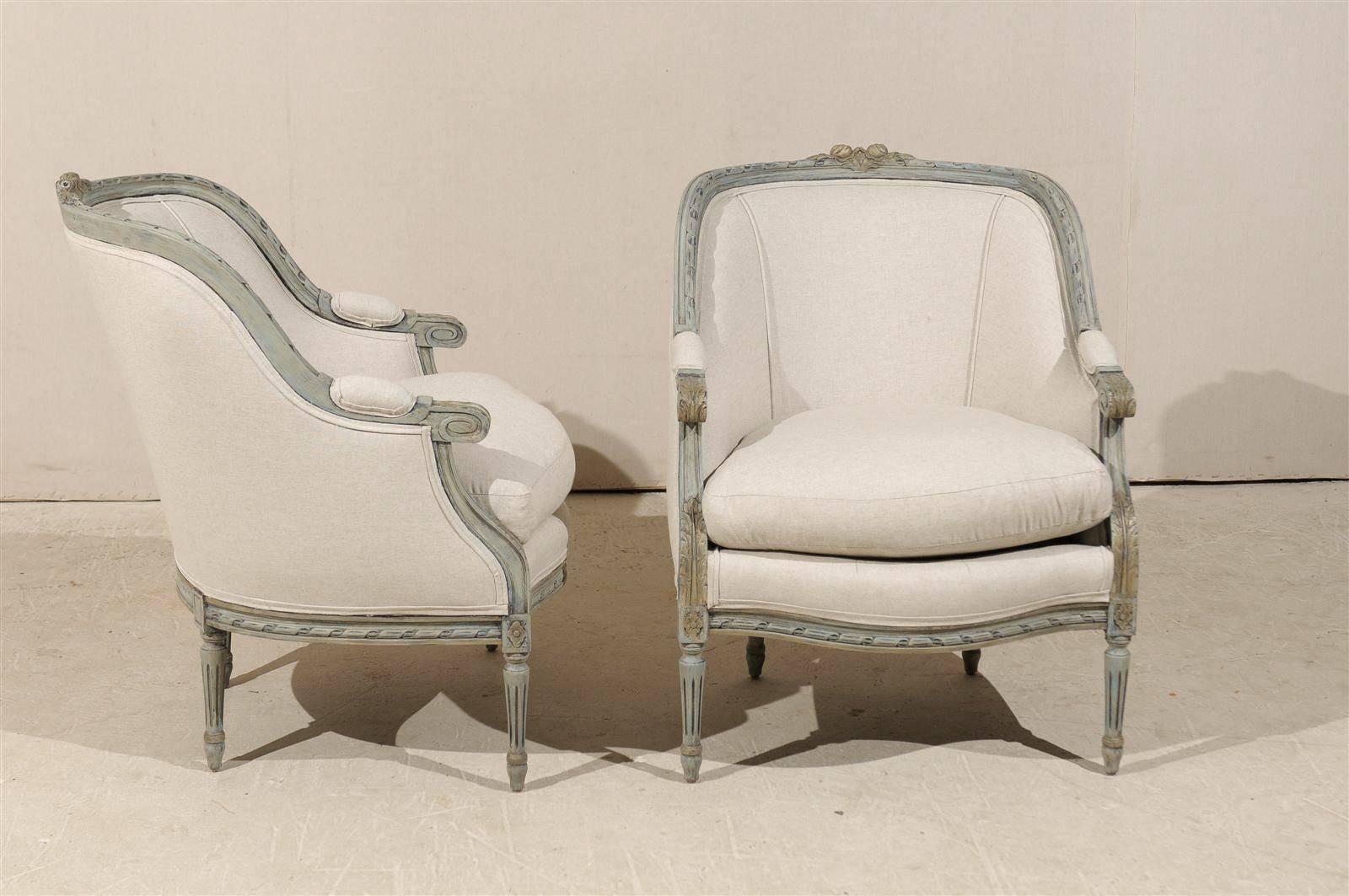 Upholstery Pair of French Louis XVI Style Painted Wood Barrelback Armchairs