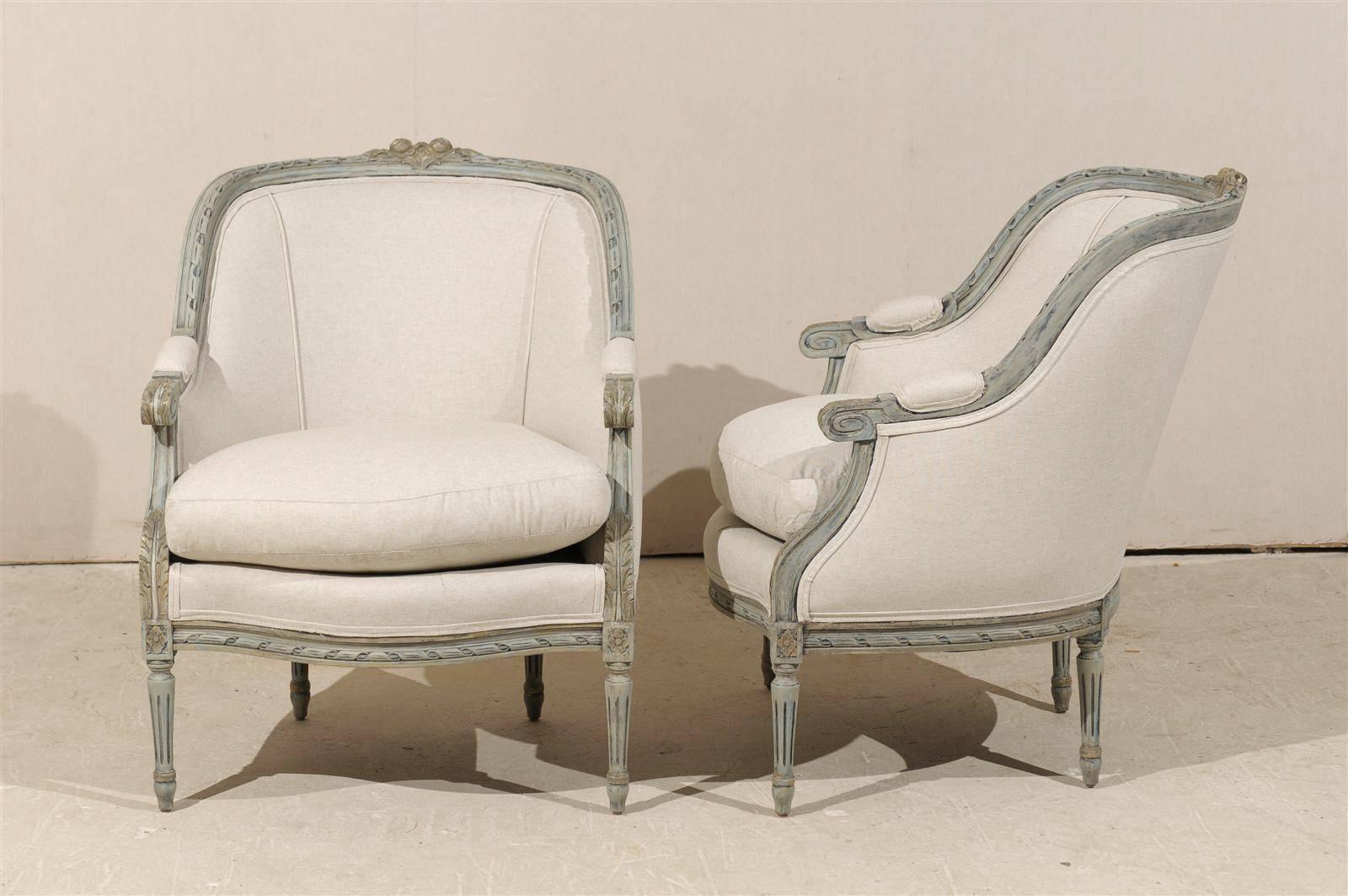 Pair of French Louis XVI Style Painted Wood Barrelback Armchairs 3