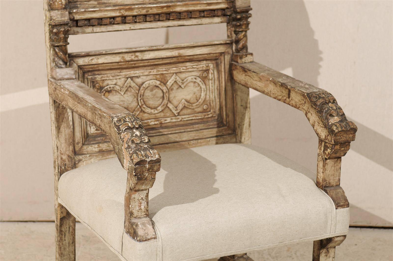 19th Century A Stately Italian Richly-Carved Wooden Chair with Elegant Aging, Early 19th C. 