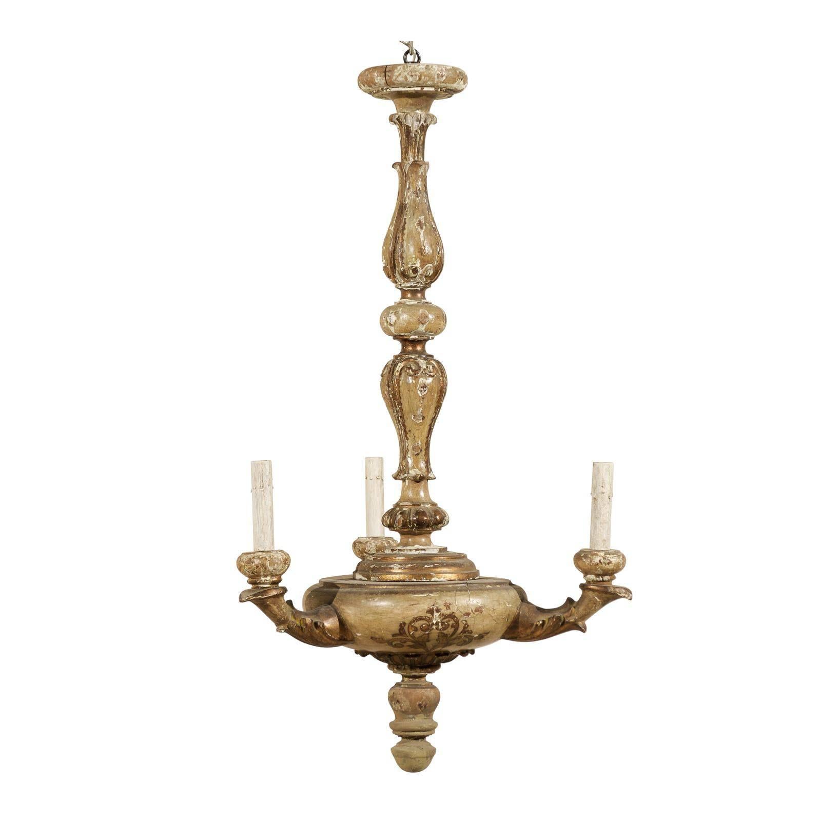 Lustre italien à 3 lumières en bois doré et peint de style colonne, début du 20e siècle en vente