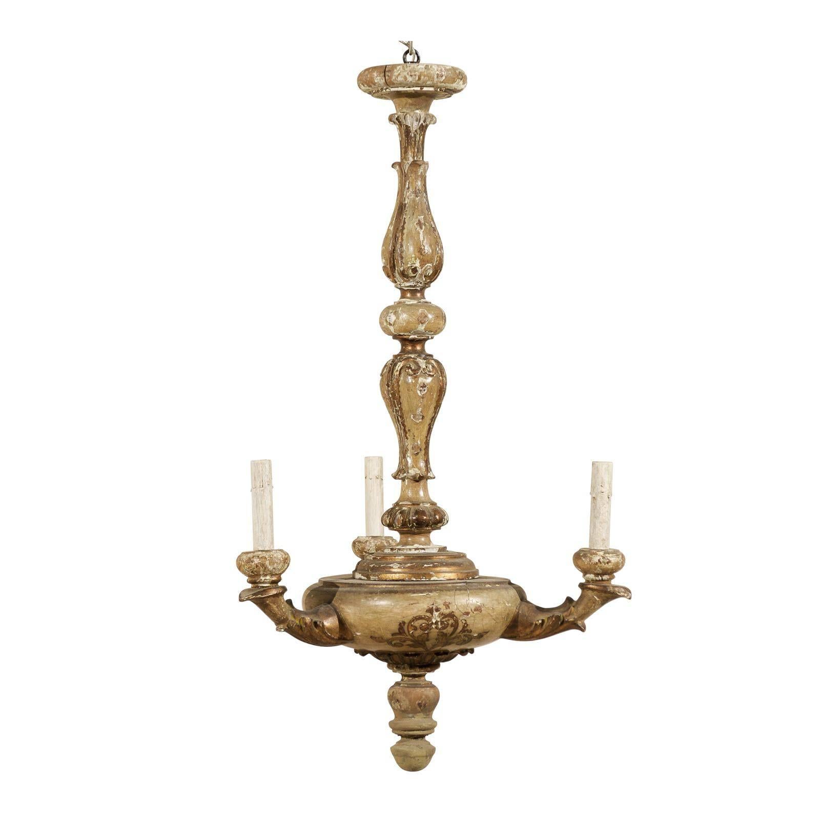 Italian 3-Light Gilded and Painted Wood Column-Style Chandelier, Early 20th c. For Sale