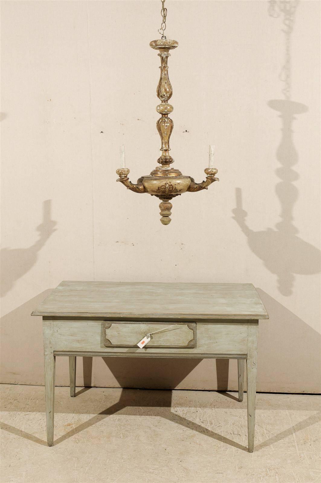Gilt Italian 3-Light Gilded and Painted Wood Column-Style Chandelier, Early 20th c. For Sale