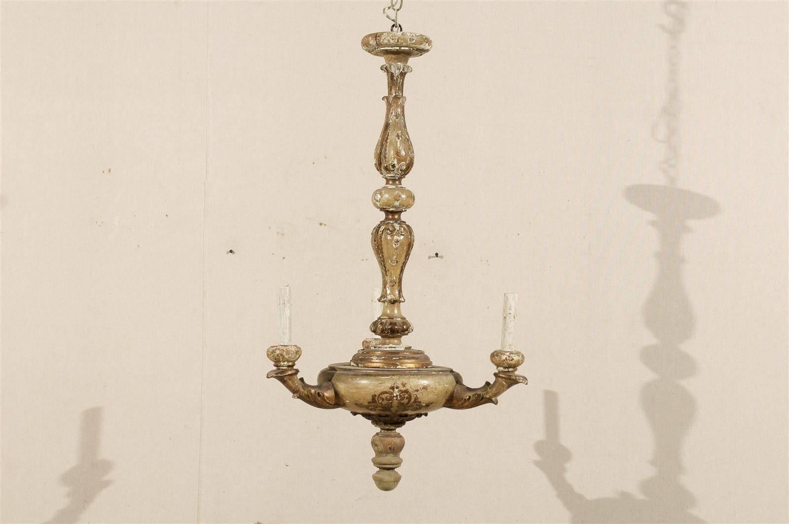 Italian 3-Light Gilded and Painted Wood Column-Style Chandelier, Early 20th c. In Good Condition For Sale In Atlanta, GA