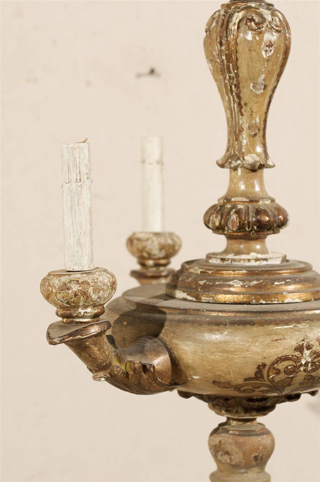 Italian 3-Light Gilded and Painted Wood Column-Style Chandelier, Early 20th c. For Sale 1