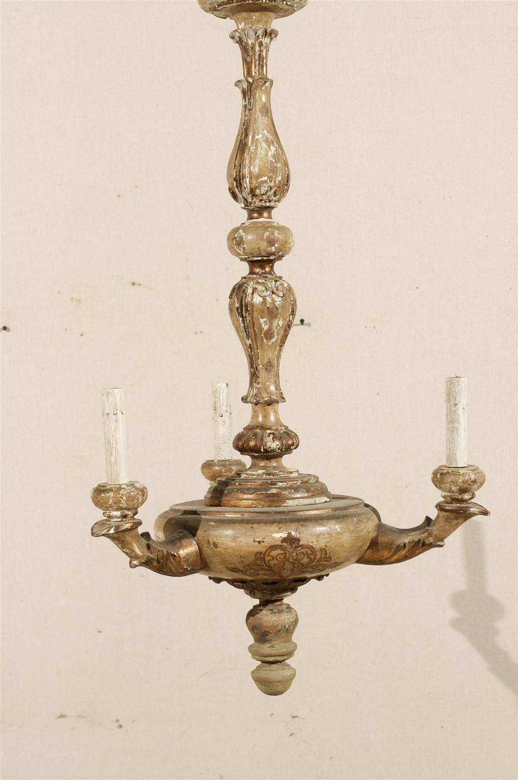 Italian 3-Light Gilded and Painted Wood Column-Style Chandelier, Early 20th c. For Sale 3