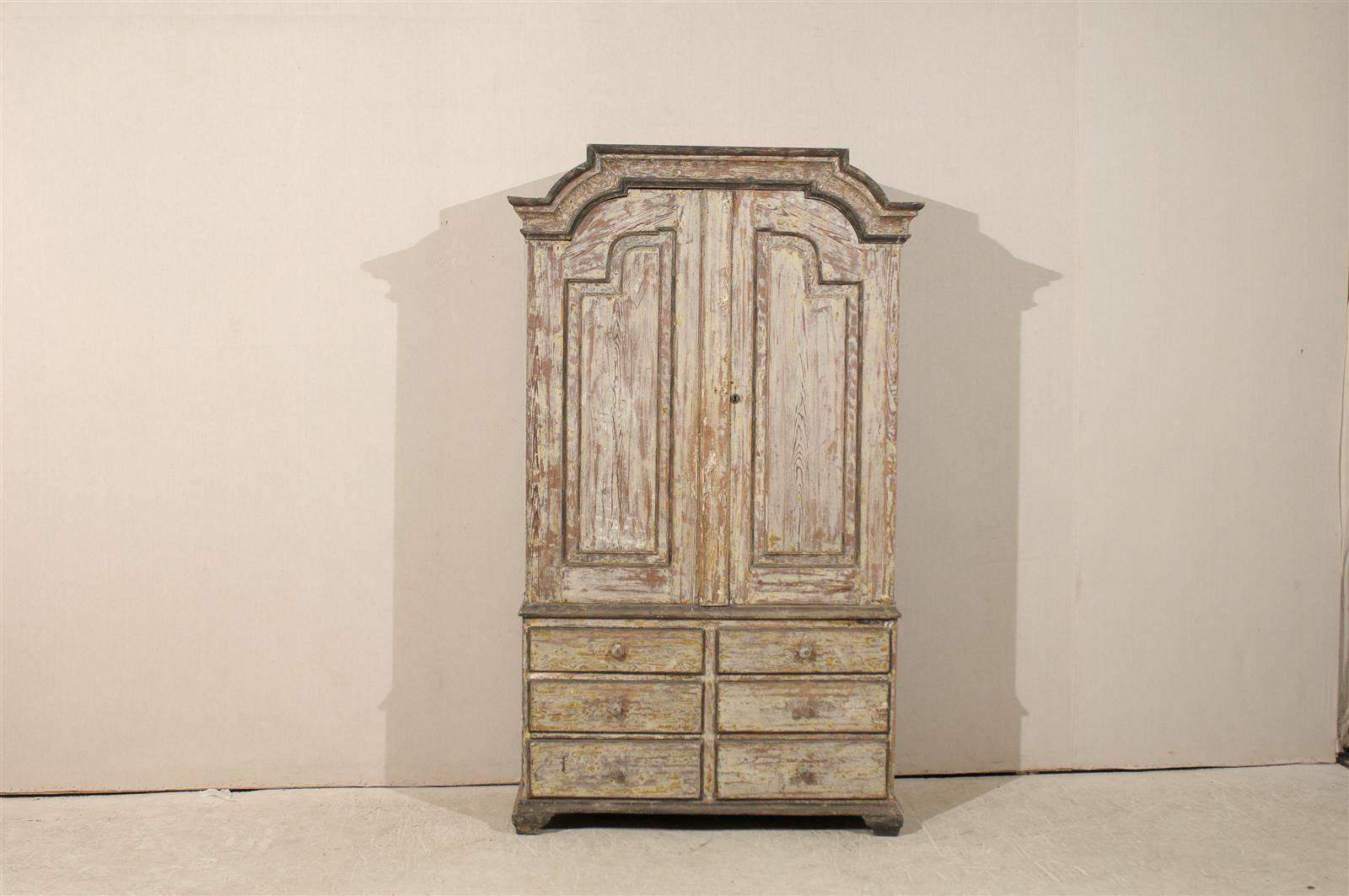 Painted A Swedish Period Rococo 6.5 Ft Tall Wooden Cabinet w/Pediment Top, Circa 1760. For Sale