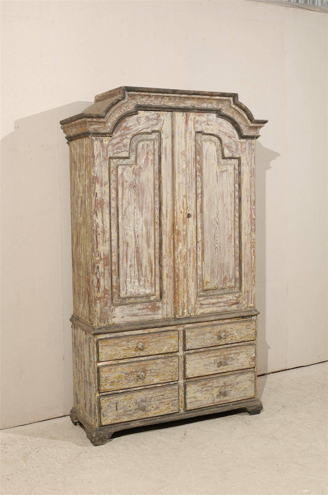 18th Century and Earlier A Swedish Period Rococo 6.5 Ft Tall Wooden Cabinet w/Pediment Top, Circa 1760.