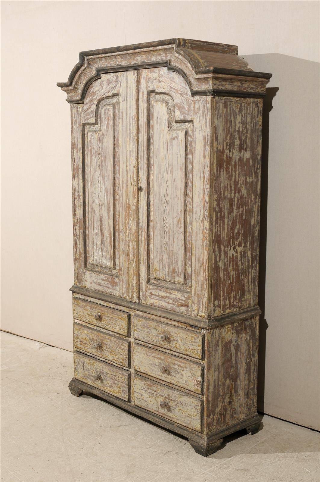 A Swedish Period Rococo 6.5 Ft Tall Wooden Cabinet w/Pediment Top, Circa 1760. For Sale 2