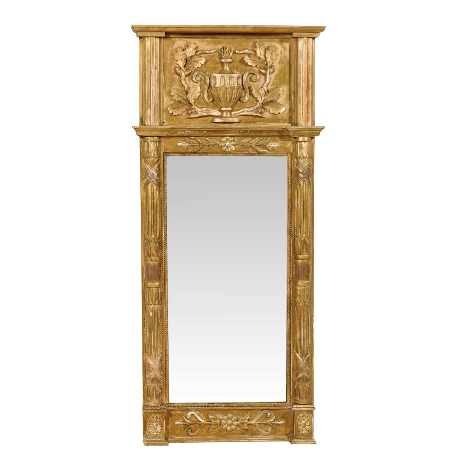 Swedish 19th Century Gilded Wood Mirror with Fire Urn Carving