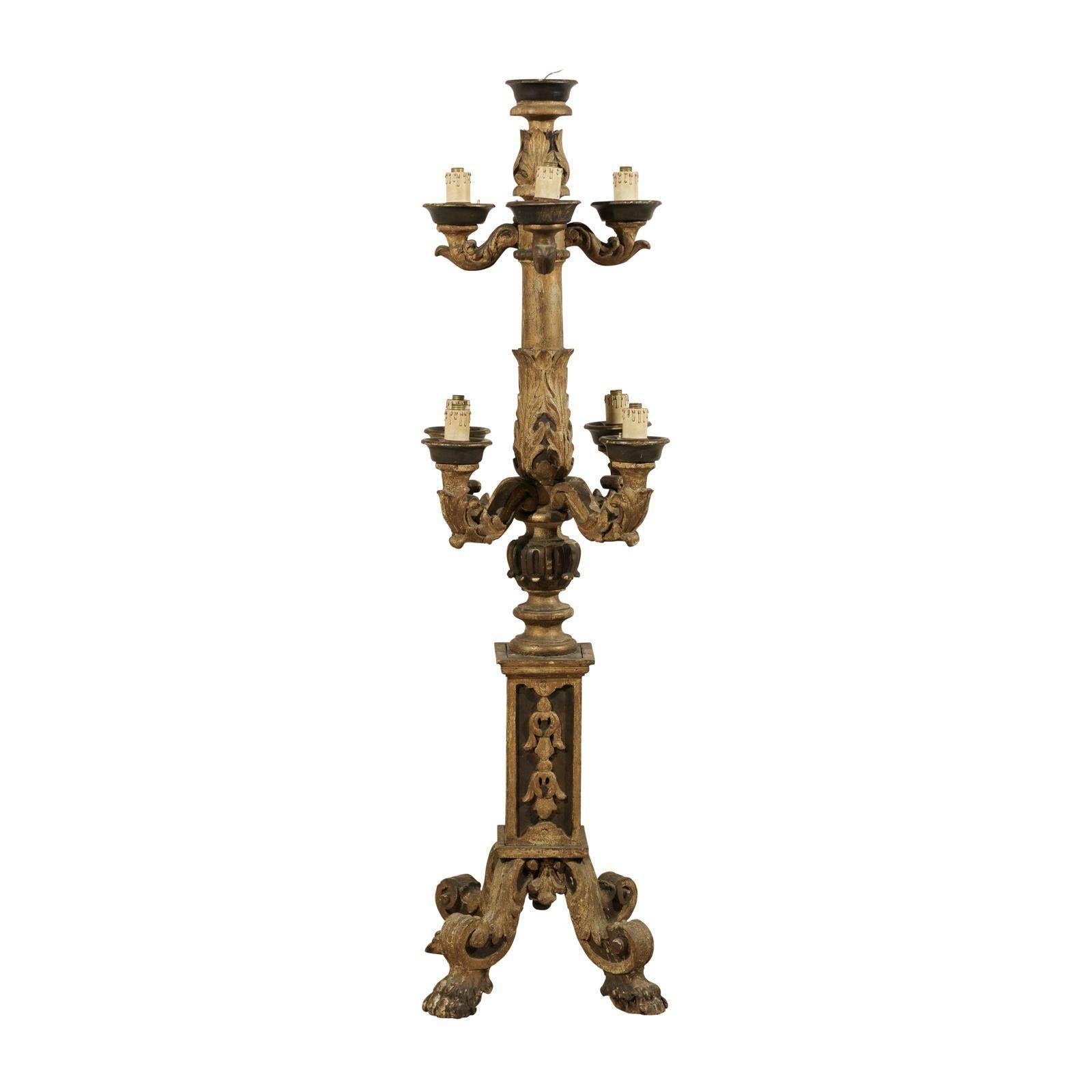 Exquisite Italian 19th Century Painted and Carved Wooden Floor Candelabra For Sale