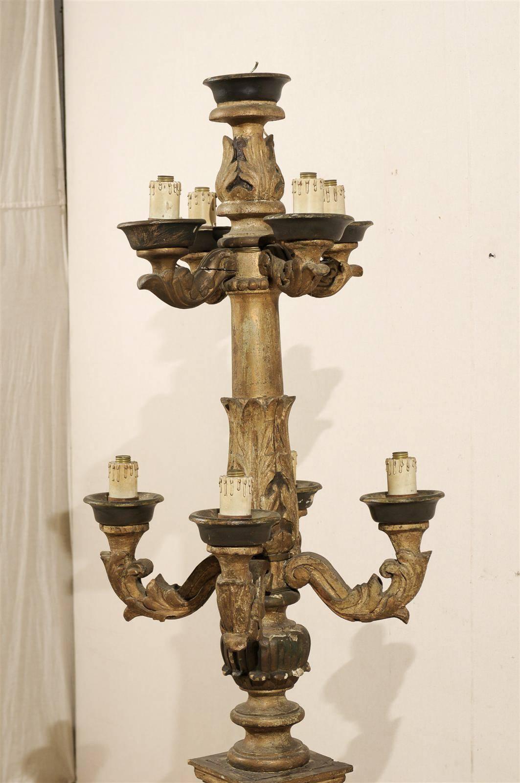 Exquisite Italian 19th Century Painted and Carved Wooden Floor Candelabra For Sale 2