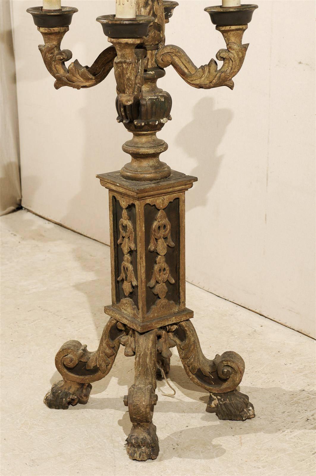Exquisite Italian 19th Century Painted and Carved Wooden Floor Candelabra For Sale 3