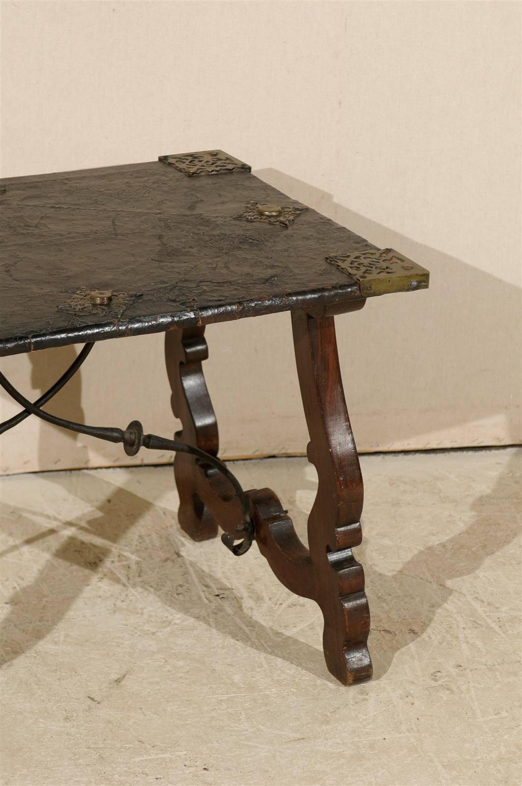Brass 19th Century Spanish Leather Top Coffee Table