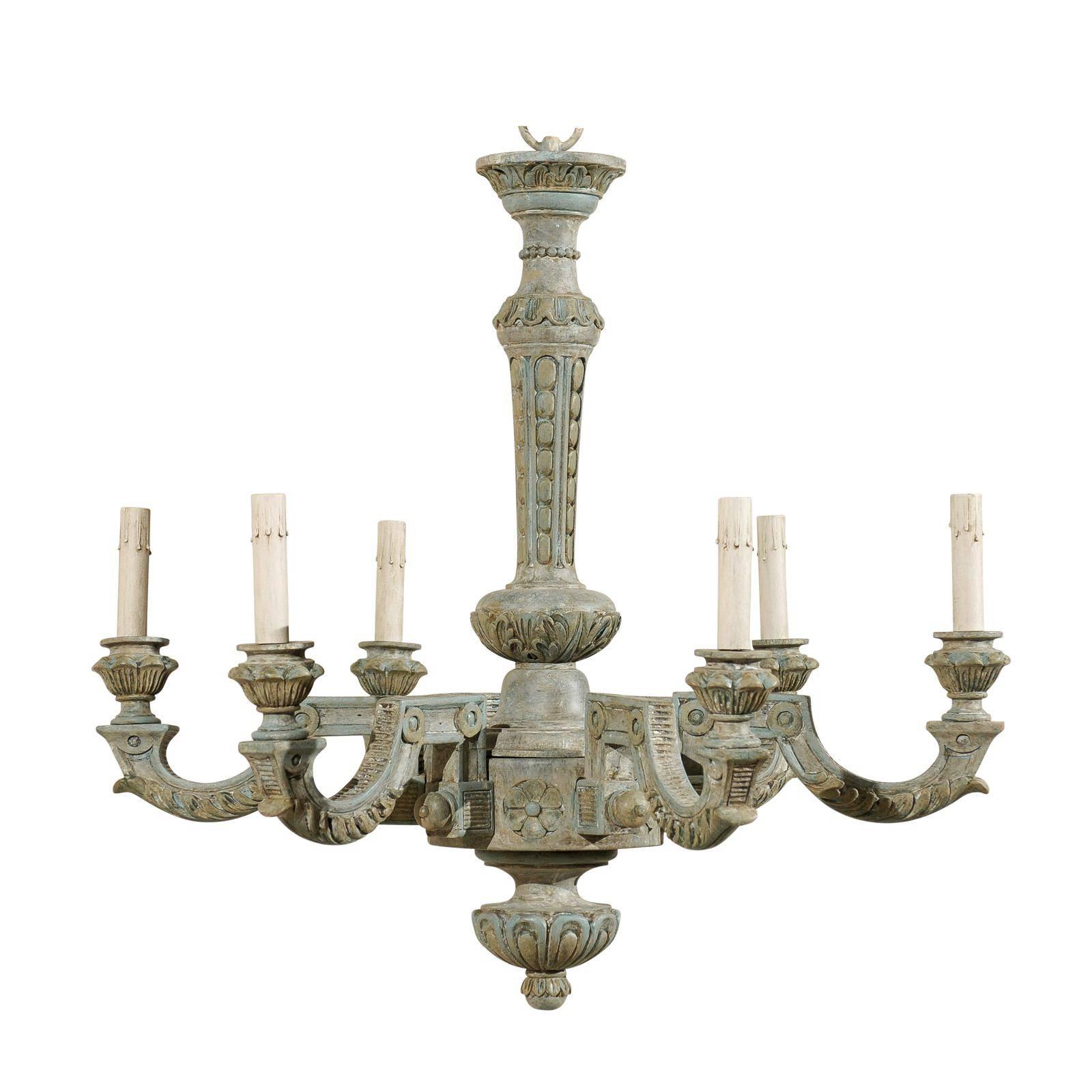 French Six-Light Painted and Carved Wood Chandelier