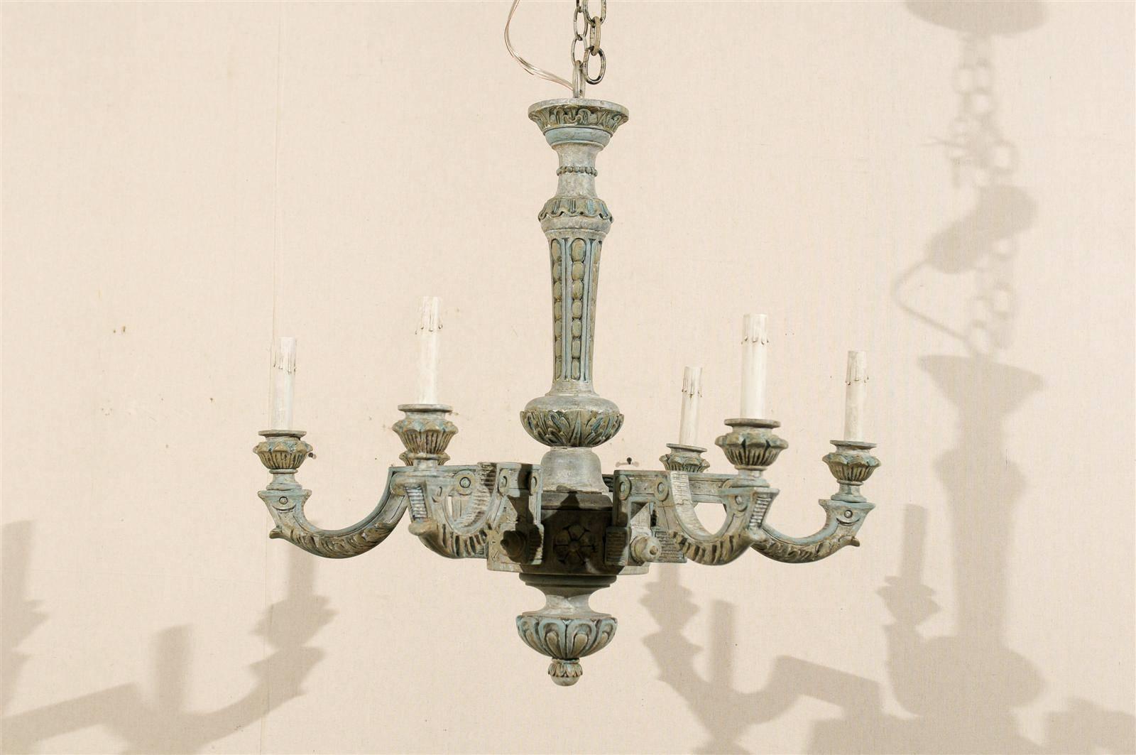 20th Century French Six-Light Painted and Carved Wood Chandelier