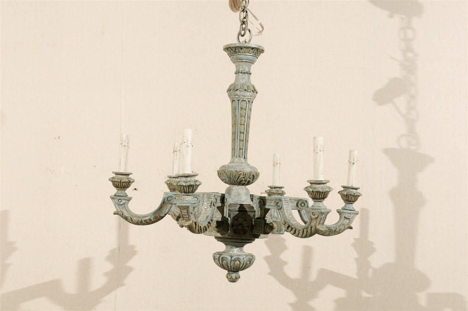 French Six-Light Painted and Carved Wood Chandelier 1