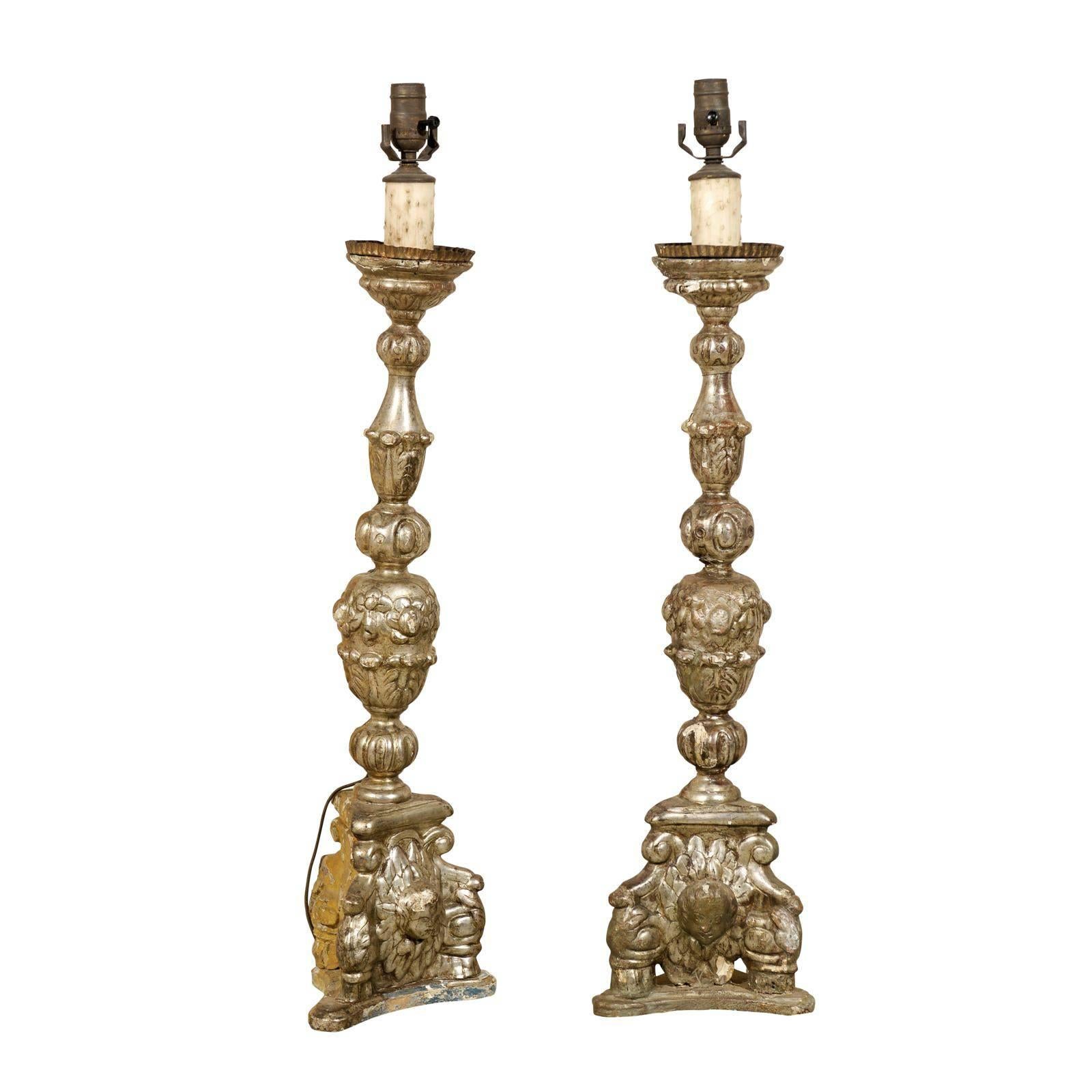 Pair of 19th Century Italian Giltwood Candlesticks Table Lamps
