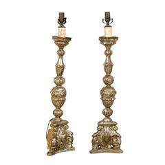 Pair of 19th Century Italian Giltwood Candlesticks Table Lamps
