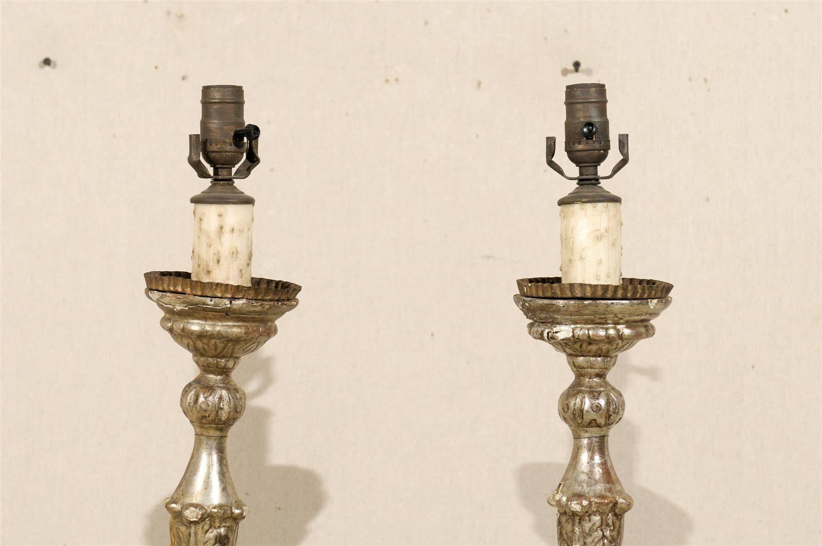 Pair of 19th Century Italian Giltwood Candlesticks Table Lamps In Good Condition For Sale In Atlanta, GA