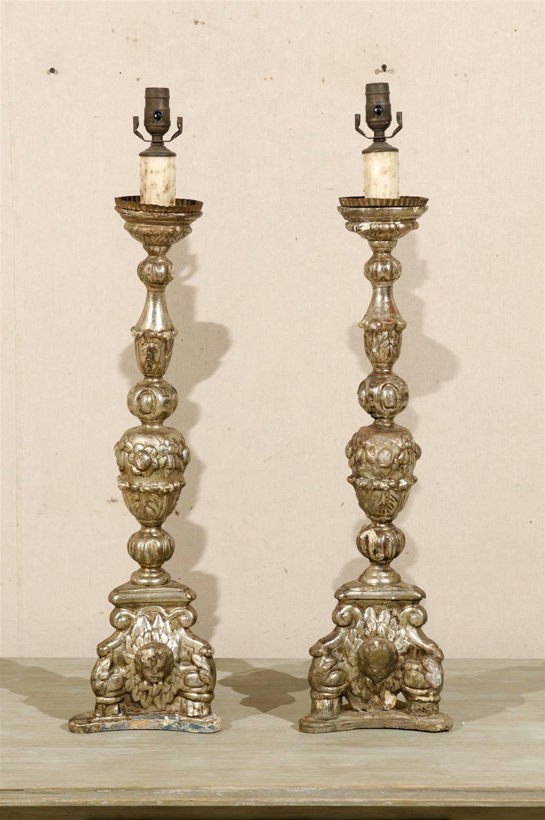 Pair of 19th Century Italian Giltwood Candlesticks Table Lamps For Sale 2