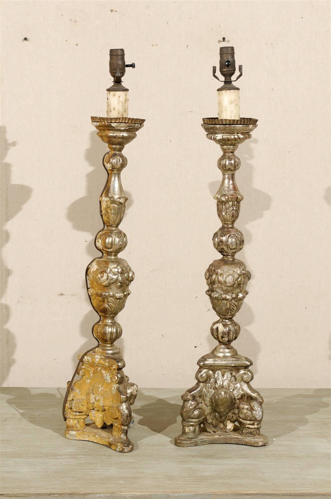 Pair of 19th Century Italian Giltwood Candlesticks Table Lamps For Sale 4