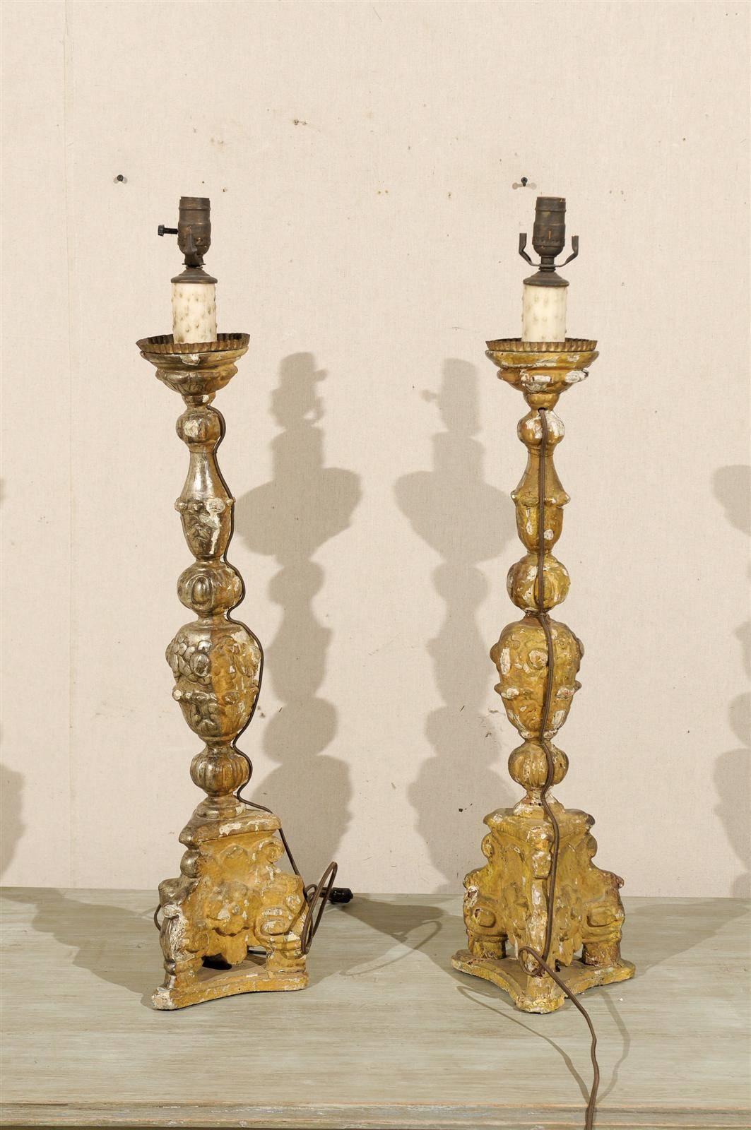 Pair of 19th Century Italian Giltwood Candlesticks Table Lamps For Sale 5