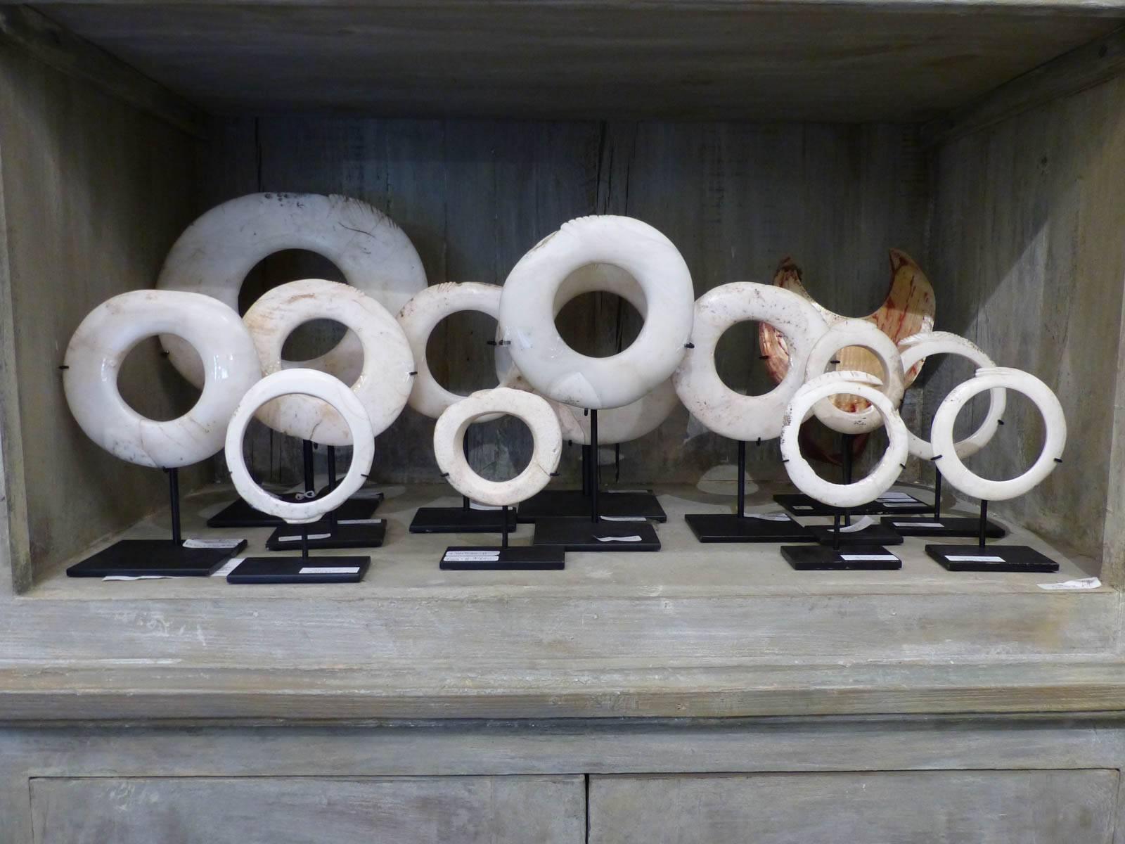 An assortment of Yua Wenga shell currencies from Papua New Guinea. Yua (Money) Wenga (Clam Rings) are clamshell rings cut with bamboo from giant clamshells. These rings are still being cut and used in ceremonies and exchanges. Yangoru, Sasauia,